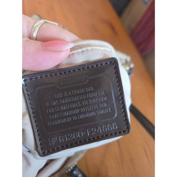 Authentic Coach Monogram Khaki and Vermillion Striped Shoulder Bag Tote Medium - Picture 11 of 13